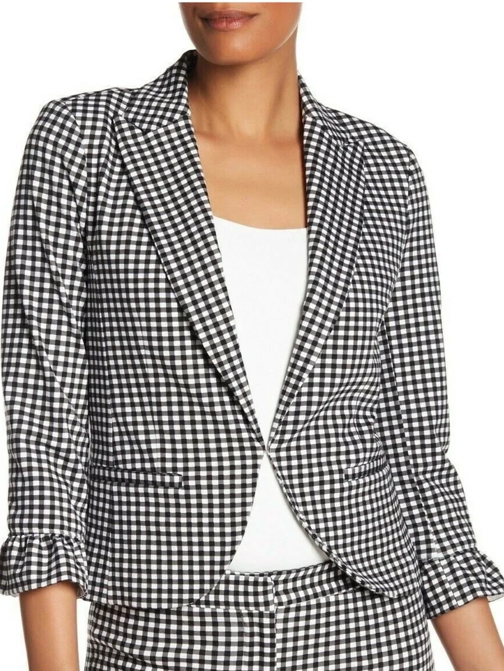 Amanda & Chelsea Gingham Blazer Jacket Black White Ruffle Cuff Stretch NWT 8